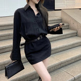 Stetnode  Polo Collar Sexy Slim Black Long-sleeved Dress Women 2024 Spring New High Street Fashion All Match Mini Dress with Belt