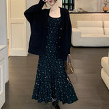 Stetnode 2024 Spring New Korean Floral Print Pleated Elegant Sling Dress Women + Loose Casual Long-sleeved Cardigan Two-piece Suit