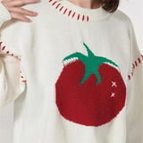 Stetnode Women Y2K Tomato Printed Pullover Sweater Top Oversized Fruit Graphic Long Sleeve Crew Neck Knit Sweater Fall Streetwear