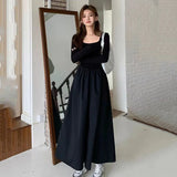 Stetnode Autumn Long Sleeve Black Dress Women Korean Elegant Slim Square Collar Midi Dress Female Hepburn Style All-Match A Line Dress