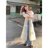 Stetnode Y2K Slash Neck Midi Dress Women Streetwear Ruffles Long Robe Korean Vacation Bandage One Pieces Dresses Summer Vestidos