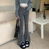 Stetnode Gray Jeans for Women Y2k High Waist Flared Pants Slit Elasticity Slim Vintage Streetwear Denim Trouser