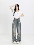 Stetnode Vintage Y2K Ripped Jeans Women Blue High Waist Straight Loose Denim Trousers Wide Leg Pants Streetwear Oversize