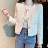 Stetnode Korean Fashion Tweed Cropped Jackets for Women 2024 Spring Round Neck Chic Coat Woman Beige Single-Breasted Jacket Female