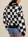 Stetnode Y2k Vintage Checkerboard Crop Cardigan V-neck Button Up Knitted Sweaters Women Autumn Winter Outfits