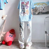 Stetnode Y2K Anime Print White Pants Women Harajuku Manga Subculture Wide Leg Trousers Japanese Style Kawaii Cartoon Sweatpants