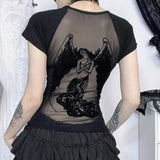 Stetnode Angel Wings Mesh Short Sleeved T-shirt for Women Summer Sexy See Through Tops Mujer Y2k Slim Fit  Sleeve Tee Shirt