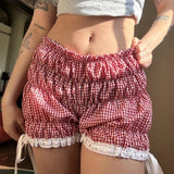 Stetnode Fairy Vintage Lace Trim Tie Up Pants Plaid Bloomers Kawaii Ruched Elastic Shorts 2000s Retro Y2K Knickers Bottom Women Outfits