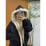 Stetnode American Retro Fur Collar Hooded Zipper Jacket Fashion High Street Zippered Hooded Jacket Harajuku Hip Hop Y2k Hooded Jacket