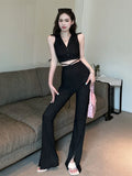 Stetnode Spring Outfit Womens Pants Set Sexy V-neck Vest Crop Top and Bell-bottoms Summer Suit Fashion 2 Piece Set Women Outfits Ensemble Femme New