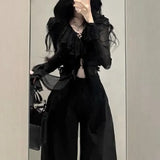 Stetnode Fashion V-neck Ruffles Black Long Sleeve Cardigan Mujer+ Y2k High Waist Loose Wide Leg Pants 2024 Summer New Two Piece Sets