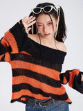 Stetnode Harajuku Y2k Punk Rock Zipper Sexy Off Shoulder Sweaters Women Gothic Black Grey Stripes Broken Hole Loose Knitted Jumpers