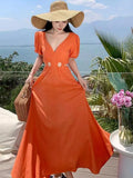 Stetnode Women Orange V Neck Waist High Hollow Out Pleated Dress Summer Fashion Vintage Short Sleeves Chic Elegant Long Dresses