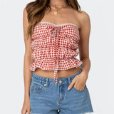 Stetnode Women Red Gingham Pattern Tube Tops  Lace Trim Front Tie Up Strapless Open Back  Crop Tops Y2k Bandeau Slim Fit Cropped Tanks