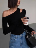 Stetnode Black Off Shoulder T Shirts Women Casual Aesthetic Sexy Crop Tops Fashion Slim Hollow Out Long Sleeve Tees Spring New