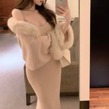 Stetnode  Winter New Korean Plush Splicing Loose Casual Long-sleeved Cardigan Women + Sexy Knitted Chain Sling Dress Two-piece Suit