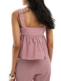 Stetnode Y2k Tank Top Sleeveless Women Red Gingham Bow Tie Down Camisole Ruffle Hem Peplum Tops Summer Streetwear