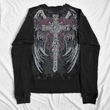 Stetnode Y2K Cyber Coss Wings Print T-shirt Skull Graphic Long Sleeve Tees Grunge  Fairy Vintage Baggy Top Gothic Clothes