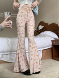 Stetnode Sweet Floral Print Casual Pants for Women Sumemr Slim Fit Ruffles Flare  Y2k E-Girl High Waist Loose Wide Leg