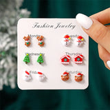 Stetnode 6 Pairs/Set Christmas Stud Earring For Women Cute Cartoon Resin Snowflake Santa Claus Elk Earrings Girl Party New Year Jewelry