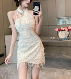 Stetnode Spring Outfit Retro Beige Elegant Backless Tassel Sexy Halter Chinese Style Cheongsam Mini Dress Women Bride Wedding Banquet Gown Dress Summer