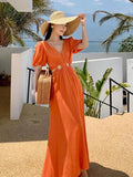 Stetnode Women Orange V Neck Waist High Hollow Out Pleated Dress Summer Fashion Vintage Short Sleeves Chic Elegant Long Dresses