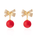 Stetnode New Style Temperament Red Color Christmas Bow Stud Earrings for Women Rhinestone Bowknot Red Ball Earring Girls Party Jewelry