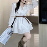 Stetnode  Streetwear Loose Casual Hollow Long-sleeved Dress Women 2024 Spring New Korean V-neck Lace-up White Mini Dress with Belt