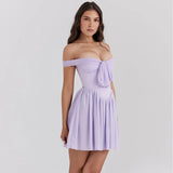 Stetnode Summer Off The Shoulder Mesh Dress Purple Slim Fitting Short Party Dresses Casual  Elegant Summer Dresses 2024