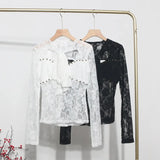 Stetnode Women's Retro Lace Ribbon Hollow Out Long Sleeve Top Sexy Slim Fitting Bottoming Shirt  Y2K Palace Style Partyclub Streetwear