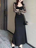 Stetnode Sexy Splicing Lace Fishbone Dresses Women Elegant Patchwork Evening Party Dress Fashion Temperament Female Black Vestido Mujer