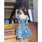 Stetnode Sweet Floral Dress Women Print Hollow Out Bandage Bow A Line Mini Dresses Korean Vintage Square Neck Puff Sleeve Vestidos