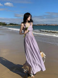 Stetnode Women Purple Sexy Club Pleated Bandage Slip Dress Summer Sleeveless High Waist Dresses Fashion Elegant Fairy Beach Long Dress