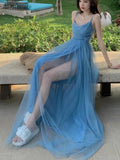 Stetnode Women Mesh Tulle Beach Dress Summer Sleeveless Spaghetti Strap Backless Long Dresses Elegant Evening Party Slip Robe