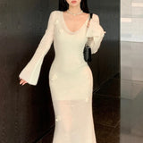 Stetnode 2024 Autumn New Korean V-neck 3D Flower Sexy Slim Elegant Knitted Long-sleeved Dress Women + White Sling Dress Two-piece Suit