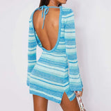 Stetnode Sexy Backless Tie-up Long Sleeve Dress Chic Women Elegant Lady Knitted Striped Mini Dress Summer Beach Holiday Club Party