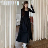 Stetnode Autumn Long Sleeve Black Dress Women Korean Elegant Slim Square Collar Midi Dress Female Hepburn Style All-Match A Line Dress