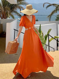 Stetnode Women Orange V Neck Waist High Hollow Out Pleated Dress Summer Fashion Vintage Short Sleeves Chic Elegant Long Dresses