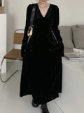 Stetnode Women's Vintage Velvet Black Long Dress Elegant V-Neck A-Line Dresses Casual Chic Prom Party Robe Winter Fashion New