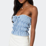 Stetnode Women Red Gingham Pattern Tube Tops  Lace Trim Front Tie Up Strapless Open Back  Crop Tops Y2k Bandeau Slim Fit Cropped Tanks