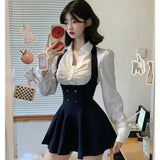 Stetnode Preppy Style Vintage Fashion Suit Woman White Shirt + Short Coat High Waist Slim Y2k Mini Dress Japanese Elegant Set 2024 Chic