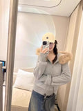 Stetnode American Retro Fur Collar Hooded Cardigan Coat Women Spring Autumn New Slim Fit Zipper Jackets Y2k Long Sleeve Sweatshirts