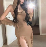 Stetnode Spring Outfit Brown Elegant Sexy Club Hooded Ruffles Midi Dress Women Irregular 2024 Spring Summer Trend Bodycon Birthday Party Split Dresses