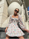 Stetnode High Quality ! Summer Floral Print Dress Women Lantern Ruched Long Sleeve Dress Tie Up Mini Vestidos Sundresses Sexy Beach Dress