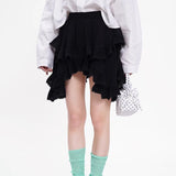 Stetnode Elastic Waist White Black Irregular Mini Kawaii Skirt Japanese Style School Y2k Aesthetic Ruffles Short Skirt Women Streetwear