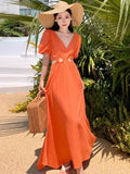 Stetnode Women Orange V Neck Waist High Hollow Out Pleated Dress Summer Fashion Vintage Short Sleeves Chic Elegant Long Dresses