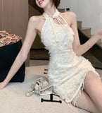 Stetnode Spring Outfit Retro Beige Elegant Backless Tassel Sexy Halter Chinese Style Cheongsam Mini Dress Women Bride Wedding Banquet Gown Dress Summer