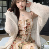 Stetnode 2024 Spring New Korean Floral Print Ruffled Elegant Sling Dress Women + Loose Casual Long-sleeved Cardigan Two-piece Suit