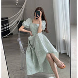 Stetnode Spring Outfit Korea  Jacquard Midi Dress Women Short Puff Sleeves Square Collar Floral Dresses Elegant Dress 20224 Summer