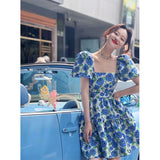 Stetnode Sweet Floral Dress Women Print Hollow Out Bandage Bow A Line Mini Dresses Korean Vintage Square Neck Puff Sleeve Vestidos